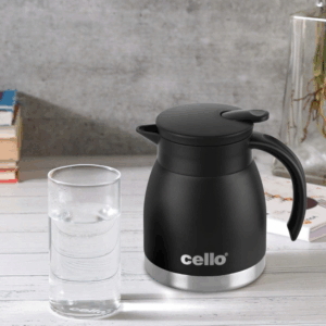 Cello Duro Pot | Hot and Cold Flask | Vacuum Insulated Teapot | Durable DTP Coating |Vacuum Insulated Bottle for Travel, Home, Office, School | 600ml, Black