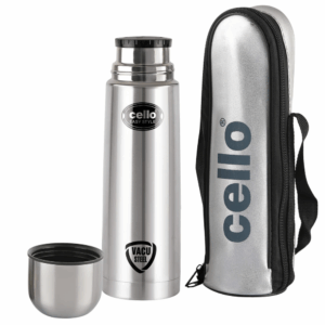 Cello Easy Style Vacuum Insulated Flask with Jacket | Hot and Cold Water Bottle | Double Walled Stainless Steel Bottle for Travel, Home, Office, School | 500ml, Silver