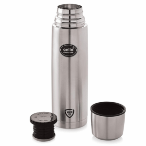 Cello Easystyle Stainless Steel Vacuum Insulated Flask with Jacket 1000ml | Hot and Cold Water Bottle with Screw lid | Double Walled Silver Bottle for Home, Office, Travel | Steel Thermos Bottle 1L