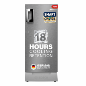 Bosch SmartChoice 207 L, 3 Star, Single Door Refrigerator with Industry's largest base drawer & veg box*(CST20S23PI,Fine Steel) |18 Hr Cooling Retention, 2.5x Faster Cooling, smart inverter compressor