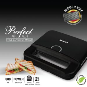 Havells Perfect Fill Plus 800W Toaster Griller Sandwich Maker | 2 Slice| Food Grade Non-Stick Grill Plates | Easy Clean | Power Indicators | 2 Years Door Step Warranty by Havells | Black