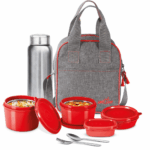 Milton Savor Lunch Tiffin (3 Microwave Safe Inner Steel Containers, 180/320/450 ml; 1 Plastic Chutney Dabba,100ml; 1 Aqua Steel Bottle, 750ml, SteelSpoon and Fork) with Insulated Fabric Jacket, Red