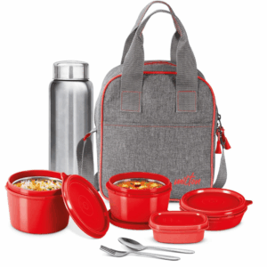 Milton Savor Lunch Tiffin (3 Microwave Safe Inner Steel Containers, 180/320/450 ml; 1 Plastic Chutney Dabba,100ml; 1 Aqua Steel Bottle, 750ml, SteelSpoon and Fork) with Insulated Fabric Jacket, Red
