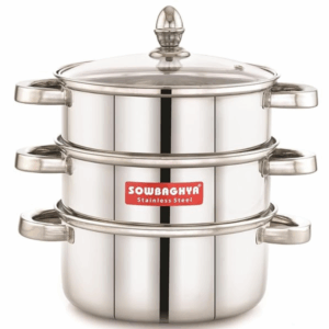 Sowbaghya Stainless Steel 3-Tier Induction Bottom Steamer/Modak & Momo Maker with Glass Lid | Heavy Gauge | Double-Riveted Stainless Steel Handles