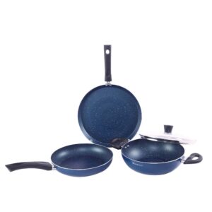 Wonderchef Galaxy Cookware 4 Piece Set | Kadhai with Lid, Fry Pan, Dosa Tawa | Induction Friendly | Cool Touch Bakelite Handles | Pure Grade Aluminium| PFOA Free| 2 Years Warranty | Midnight Blue