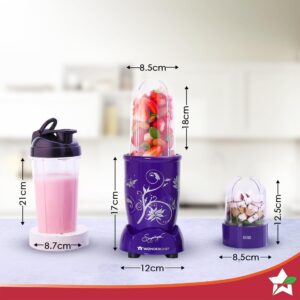 Wonderchef Nutri-blend Mixer Grinder Blender, Smoothie Maker, 2 Unbreakable Jars (Blending, Grinding, and Sipper Jar), 500W 22000 RPM 100% Full Copper Motor, SS Blades, 2 Year Warranty, Purple