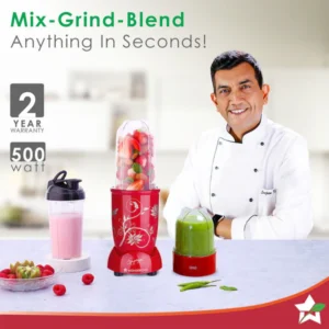 Wonderchef Nutri-blend 500W Mixer Grinder, 22000 RPM Motor, Smoothie Maker, Masala Grinder, Chutney Blender, 2 Unbreakable Jars & Sipper Jar, Recipe Book by Chef Sanjeev Kapoor, 2 Yr Warranty, Red