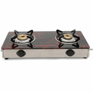 Sowbaghya Compact Glass Top Gas Stove With Drip Tray 2 Brass Burner GTSM01