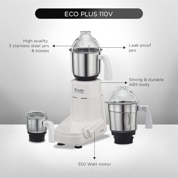 Preethi Eco Plus MG-138 110V, 550 Watt Mixer Grinder with 3 Jars (0.4L, 1L & 1.5L)- Only use in USA & Canada - Image 4