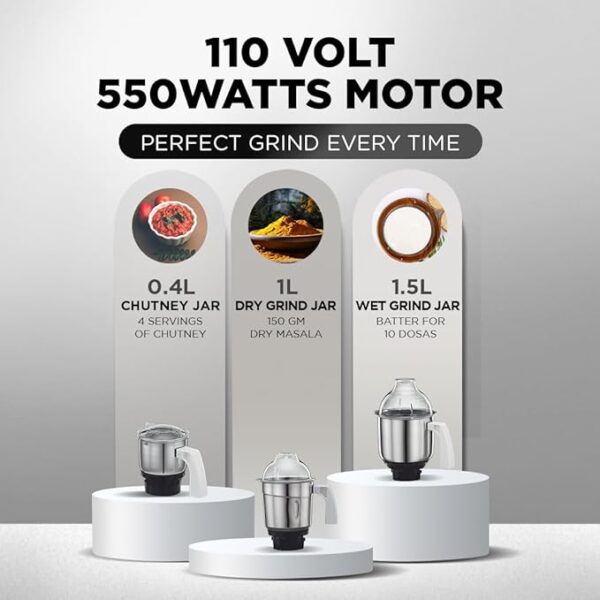 Preethi Eco Plus MG-138 110V, 550 Watt Mixer Grinder with 3 Jars (0.4L, 1L & 1.5L)- Only use in USA & Canada - Image 2