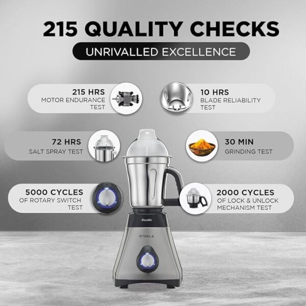 Preethi Steele 110V Mixer Grinder for Kitchen | 3 Jar, 550W Mixie| Perfect for Grinding | Silver/Black (MG 206) - Only use in USA & Canada - Image 2