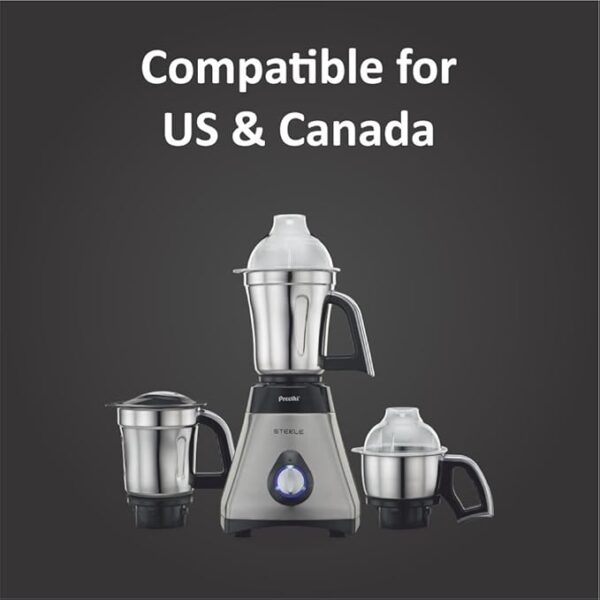 Preethi Steele 110V Mixer Grinder for Kitchen | 3 Jar, 550W Mixie| Perfect for Grinding | Silver/Black (MG 206) - Only use in USA & Canada - Image 3