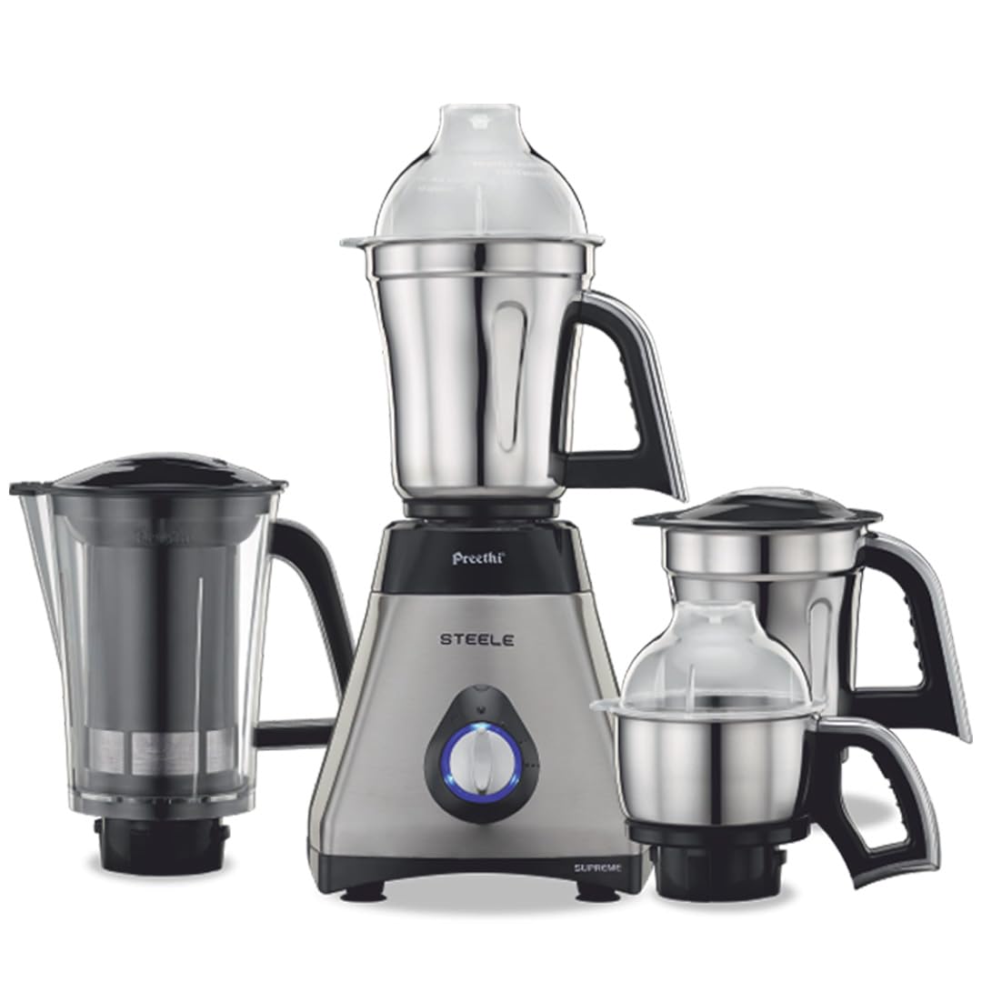 Preethi Steel Supreme MG-208 mixer grinder, 750 watt (Silver/ Black), 4 jars – Super Extractor juicer Jar, Vega W5 motor with 5yr Warranty & Lifelong Free Service