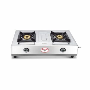 Preethi Elda Stainless Steel 2-Burner Gas Stove | Jointless Body | Bigger Body Size| Removable Drip Tray | Heavy Brass Burner|Gas Lighter Holder,Manual