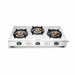 Preethi Ember Stainless Steel 3-Burner Gas Stove | Jointless Body | Bigger Body Size| Removable Drip Tray | Heavy Brass Burner|Gas Lighter Holder,Manual