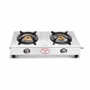 Preethi Fino Stainless Steel Manual 2-Burner Gas Stove | Jointless Body | Removable Drip Tray | Heavy Brass Burner| Ergonomic Knobs