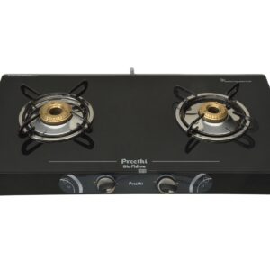 Preethi Blu Flame Gleam Glass Top 2-Burner Manual Gas Stove (Black) (ISI Certified), GTS102