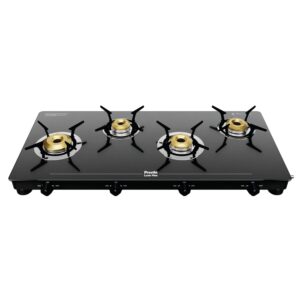 Preethi Luxe Max 4 Burner Glass Top Gas Stove With Driptray Less Infinity Design, With Jumbo Burner, 5 Year Warranty on Glass & Burner, Manual Design, Black