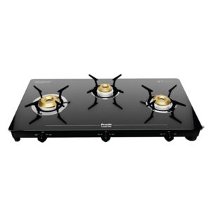 Preethi Tempered Glass Luxe Pro 3 Burner Glass Top Gas Stove With Driptray Less Infinity Design, With Jumbo Burner, 5 Year Warranty On Glass & Burner, Manual Design, Black