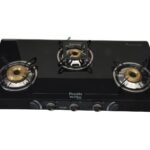 Preethi Blu Flame Sparkle Glass top 3 Burner Gas Stove, Manual Ignition, Black (ISI Certified)