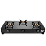 Preethi Bluflame Sparkle Power Duo 3 Burner Glass top Gas Stove with Power Burner and Swirl flame technology, saves gas and cooks faster, Manual Ignition, Black
