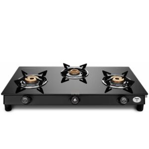 Preethi Bluflame Sparkle Power Duo 3 Burner Glass top Gas Stove with Power Burner and Swirl flame technology, saves gas and cooks faster, Manual Ignition, Black