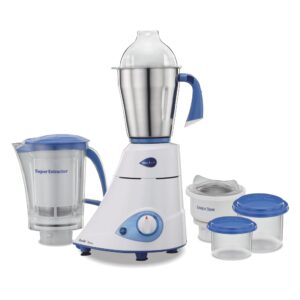Preethi Platinum Mixer Grinder for Kitchen|110V, 550W, Mixie, 3 Jars | Super Extractor Juicer Jar with 2 Air-Tight Containers, White/Blue(MG-153) - Only use in USA & Canada