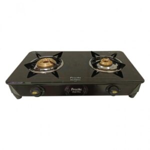 Preethi Zeal Pro 2 Burner Glass Top Gas Stove, With Jumbo Burner, 5 Year Warranty on Glass & Burner, Manual Design, Black