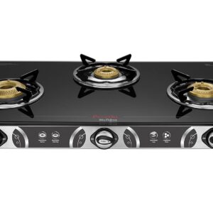 Preethi Blu Flame Blaze Glass top 3 Burner Gas Stove, Manual Ignition, Black (ISI Certified), GTS 117