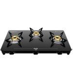 Preethi Luxe 3 Burner Glass Top Gas Stove With Driptray Less Infinity Design, 5 Year Warranty On Glass & Burner, Manual Design, Black