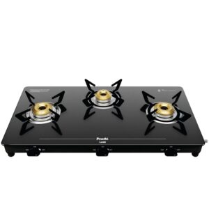 Preethi Luxe 3 Burner Glass Top Gas Stove With Driptray Less Infinity Design, 5 Year Warranty On Glass & Burner, Manual Design, Black
