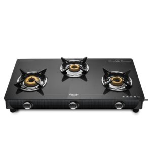 Preethi Valentino Glass top 3 Burner Gas Stove, Manual Ignition, Black (ISI Approved with Life Time Warranty on Glass & Burner)