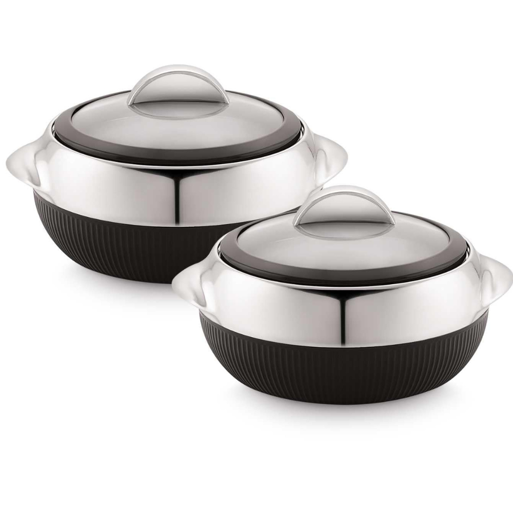 CELLO Linea 2 Pcs Casserole Set, Black, 1100 ml x 2 | Casserole with Glass Lid | Servewear for Kitchen