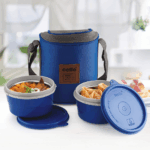 CELLO MF Hot Wave Microwaveable Lunch Box | Stainless Steel Inner | Leather Carry Pouch | Office | School | 2-Units, (Capacity – 225ml & 375ml), Blue