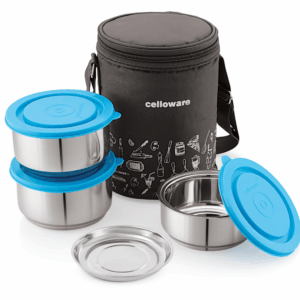 CELLO MF Thermostyle Stainless Steel 3 Container with Jacket| Leakproof Lunch Boxes | Easy to Clean | Ideal for College, Office | 4 Unit, Blue