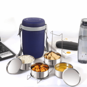 CELLO Wow Insulated Lunch Box | 4 Stainless Steel Containers, Blue | Outer Plastic Inner Steel Container | Leak Proof | Food Grade | Easy to Carry | Tiffin Box for Office, Picnic, Travelling