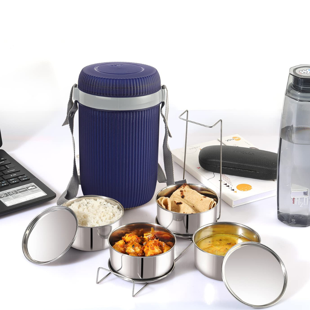 CELLO Wow Insulated Lunch Box | 4 Stainless Steel Containers, Blue | Outer Plastic Inner Steel Container | Leak Proof | Food Grade | Easy to Carry | Tiffin Box for Office, Picnic, Travelling