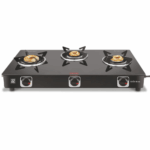 Vidiem Edge Shine Gas Stove | 8mm Toughened Glass Top | Extra Large Cooking Surface | Heavy-Duty Brass Burners | Manual Ignition | Lifetime Glass Warranty (3 Burner)