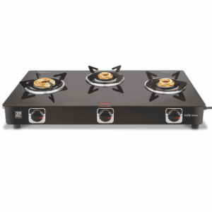 Vidiem Edge Shine Gas Stove | 8mm Toughened Glass Top | Extra Large Cooking Surface | Heavy-Duty Brass Burners | Manual Ignition | Lifetime Glass Warranty (3 Burner)