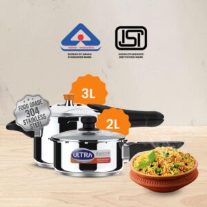 Ultra Duracook Mini Celebrations pack of 2L & 3L Pressure cooker,Gifting,SS304 FoodGrade,Interchangeable Lids,Frothcollector,Induction,3 Layer Composite Base,solid Bakelite handles,ISI,10Y Warranty