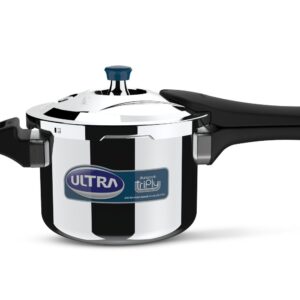 Ultra Dura cook Triply 3 L pressure cooker,SS 304 Food Grade,'SCTS'Anti Bulging,Froth collector,Broad Base quick cooking -savesgas.Solid backelite handles,3 layered body, Induction,ISI,5 Y warranty