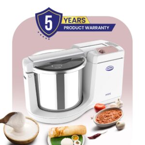 Ultra Mini 1.25 Litre Table Top Wet Grinder - White | Fast Grinding Conical Stones, 85W Power & 5 Years Warranty | AISI 304 Food-Grade SS Multi Utility Cylindrical Drum, Compact Design for Kitchen