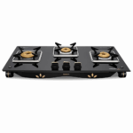 Vidiem AIR GOLD 3 Burner Gas Stove | 8mm Toughened Glass Top | Brass Burners | Spill-Proof Drip Trays | Jumbo Burner | Lifetime Glass Warranty | ISI Certified Cooktop