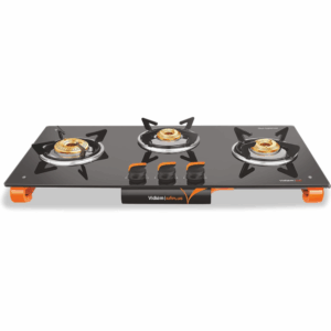 Vidiem AIR Plus 3 Burner Gas Stove Manual Ignition | Toughened Glass Top Gas Stove | Frameless Design | 8mm Glass Cooktop | Orange & Black | ISI Certified | 2 Year Warranty