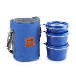 CELLO MF Hot Wave Stainless Steel 3 Container Lunch Box with Soft Fabricated Bag, 225ml, 375ml and 550ml, Blue