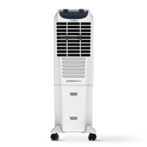 Crompton Surebreeze Tower Air Cooler-34L; Auto Fill, 4-Way Air Deflection and High Density Honeycomb pads; Indian ink and white colour