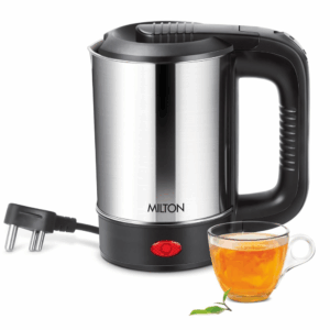 MILTON Stainless Steel Euroline Electric Travel Kettle With Handle, 1000 Watt, 500 Ml | 2 Utility Cups | Auto Shut-Off | Concealed Heating Element | Power Indicator |1Year Warranty, Silver