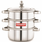 Sowbaghya Stainless Steel 3-Tier Induction Bottom Steamer/Modak & Momo Maker with Glass Lid | Heavy Gauge | Double-Riveted Stainless Steel Handles