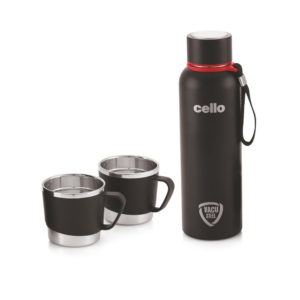 Cello Kent Vacusteel Flask with Mugs Gift Set | Leak-Proof Design & Rust-Resistant Flask | Ideal for Coffee, Tea, Hot Chocolate, or Iced Beverages | 3 Unit, Black