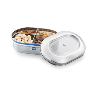 JVL Classicware Costa Capsule Dry Fruit Tin Stainless Steel Box with 4-Part Removable Tray & Transparent Airtight Lid Ideal for Dry Fruits, Sweets, Snacks & Gifting